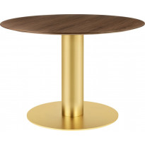 Table 2.0 de Gubi, base laiton, Ø110 cm, American Walnut Semi Matt Lacquered